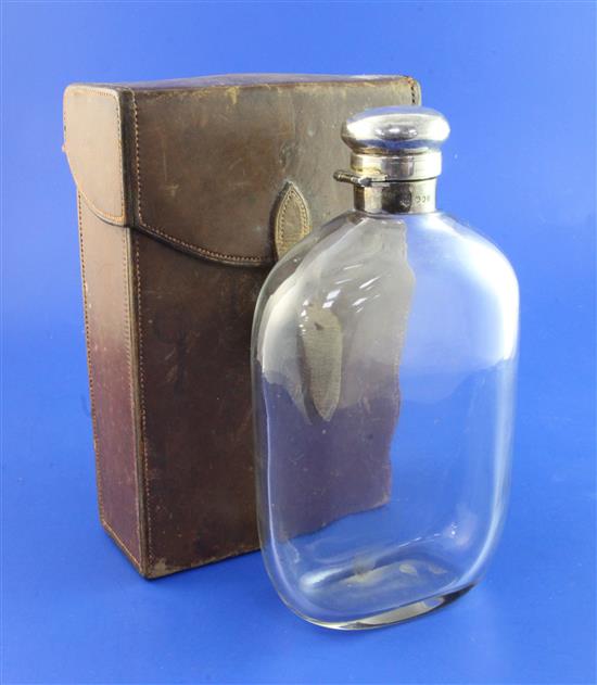 A large late Victorian silver lidded glass hip flask in leather carrying case, 8.5in.